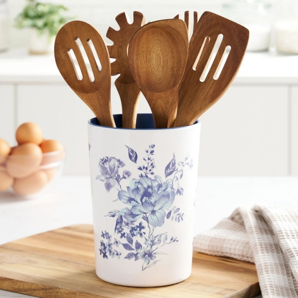 ❤️ New Pioneer Woman Delilah Floral Utensil Holder with Acacia Wooden Utensils